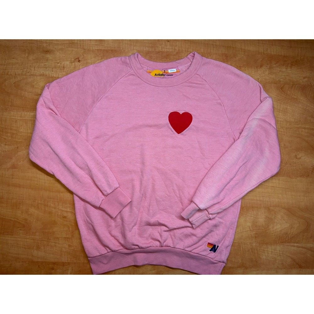 Aviator Nation Pink Heart Patch Raglan Crewneck Sweatshirt Small Made in USA